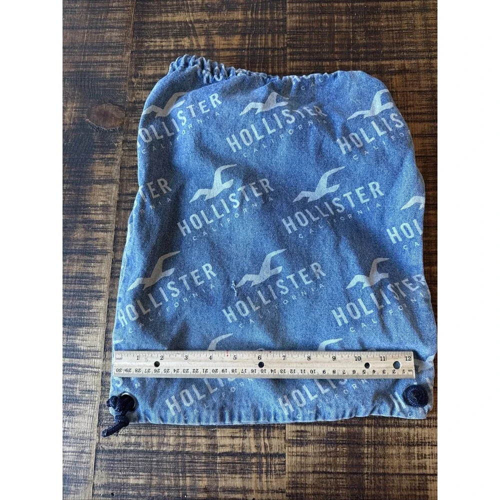 Hollister Blue Denim Drawstring Backpack Bag White Logo Y2K Sack Gym School Bag